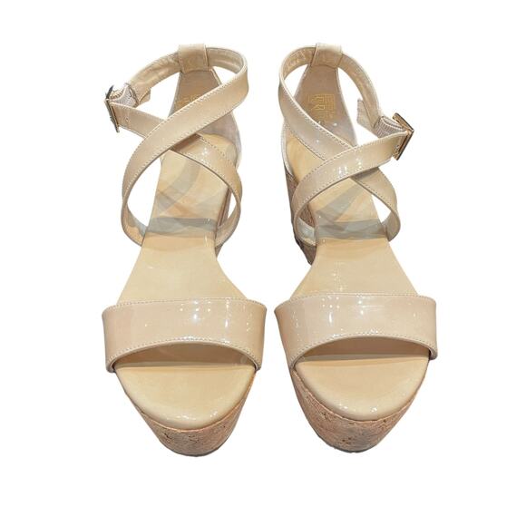 Jimmy Choo Portia Platform Wedge Sandal Beige Patent Leather Womens 35 / US 5 - Picture 3 of 10